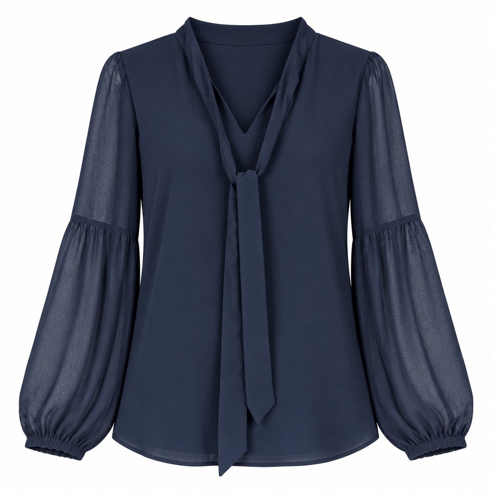 Michael Michael Kors Navy Blue Tie Neck Blouse Sheer Bishop Sleeve Small